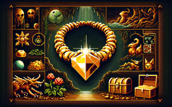 HD desktop wallpaper featuring an artistic rendering of a sparkling gold necklace with various mythical and treasure icons in a dark, enchanting forest setting.