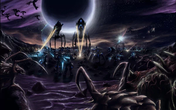 HD PC desktop wallpaper from the video game Starcraft II: Wings of Liberty, featuring an alien battlefield under a dark sky with towering robotic units and silhouetted creatures.