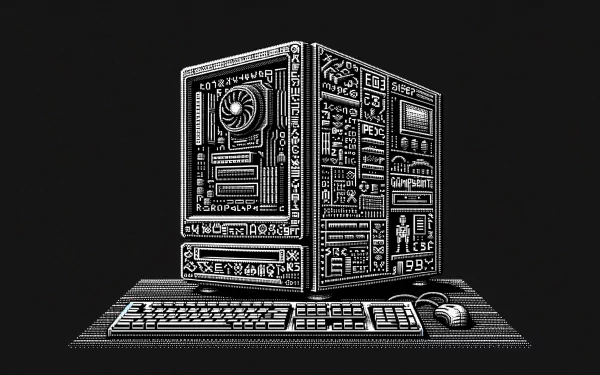 High-definition desktop wallpaper featuring an artistic sketch of a gaming PC setup with monitor, keyboard, and mouse on a black background.
