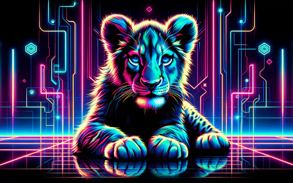 Neon glowing lion cub HD wallpaper with a futuristic circuit background for desktop.
