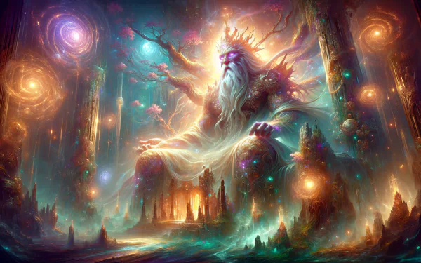 An enchanting HD desktop wallpaper featuring an Elder God surrounded by cosmic elements, vibrant colors, and otherworldly landscapes, evoking a sense of ancient power and mystery.