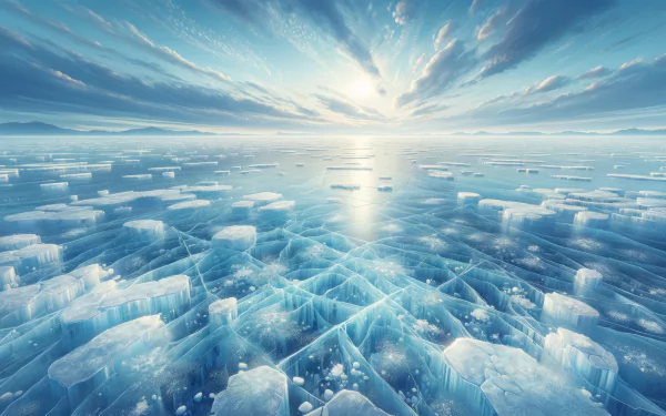 HD wallpaper featuring a stunning sea ice landscape with a radiant sunrise and crystal clear blue ice formations.