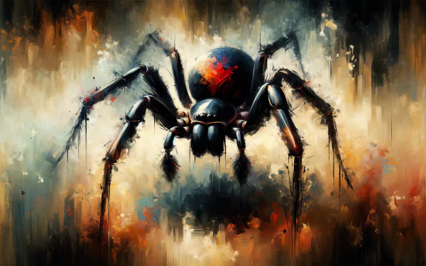 HD wallpaper of an artistically rendered black widow spider on a textured background.
