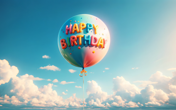 Colorful Happy Birthday balloon floating in a bright blue sky with fluffy clouds, perfect for a celebratory desktop wallpaper or background.