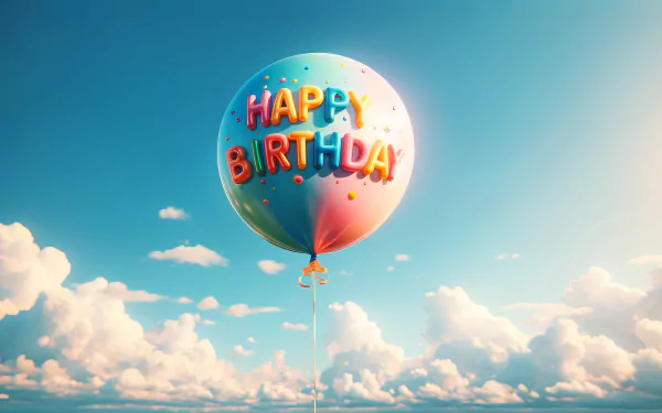 A colorful birthday balloon with the message Happy Birthday floats against a bright blue sky, surrounded by fluffy clouds, creating a cheerful and celebratory atmosphere.