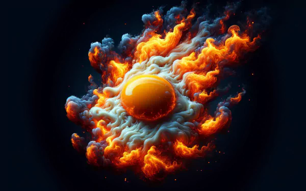 HD wallpaper of a stylized fried egg with fiery and smoky effects on a dark background.