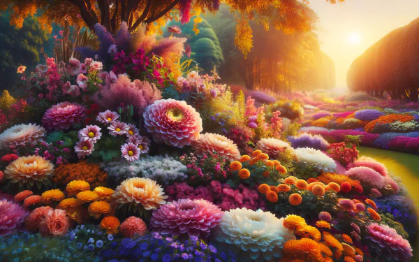 A vibrant flower garden bursts with a variety of blooming flowers, creating a stunning flower bed against a picturesque sunset backdrop, serving as a captivating HD desktop wallpaper.