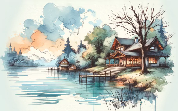 A serene lake house surrounded by lush trees and gentle waters, with a tranquil atmosphere and a beautiful sunset sky, captured in a stunning HD wallpaper.