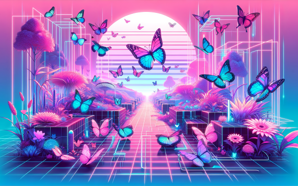 Vibrant HD wallpaper of a stylized butterfly garden with neon colors and retro-futuristic design, perfect for desktop background.