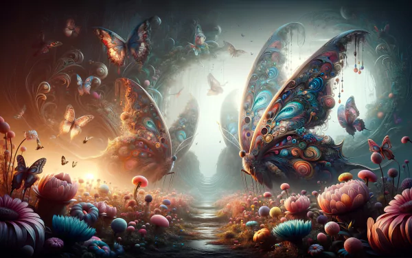HD desktop wallpaper featuring a whimsical butterfly garden with vibrant, fantastical butterflies and flora.