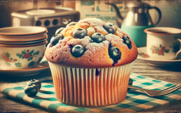 HD wallpaper of a freshly baked blueberry muffin on a vintage kitchen background.