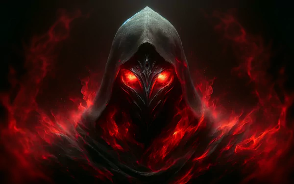 HD wallpaper of a menacing Sith figure with glowing red eyes enveloped in fiery red smoke, capturing the dark essence of Star Wars' Sith Lords.