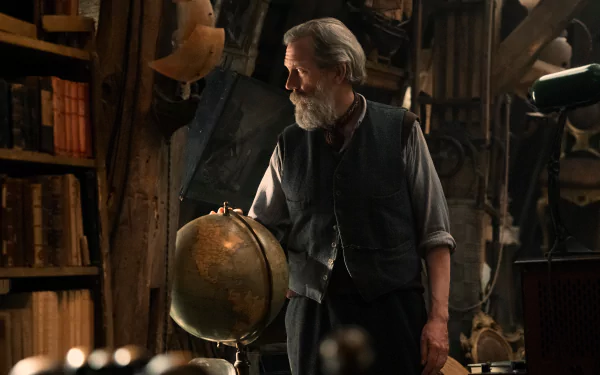 HD wallpaper of a scene from the TV show 'All the Light We Cannot See' featuring an older character in a vintage library setting with a globe.
