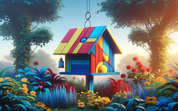 Colorful bird feeder surrounded by vibrant flowers and greenery, creating a whimsical scene. This HD wallpaper adds a lively touch to any desktop background.