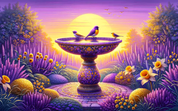 HD wallpaper of a whimsical bird bath scene with birds perched on a decorative basin amidst a vibrant, floral landscape at sunset.