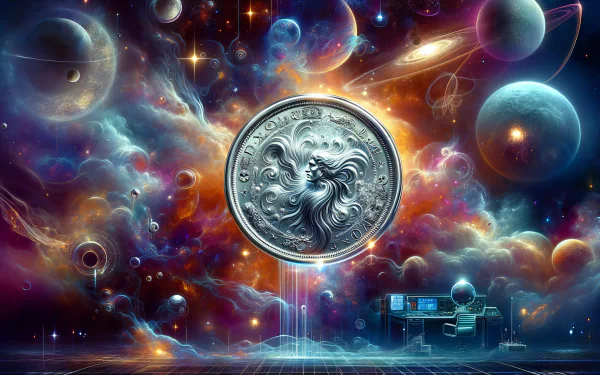 HD desktop wallpaper featuring a silver coin with intricate designs amidst a vibrant cosmic background with planets and stars.