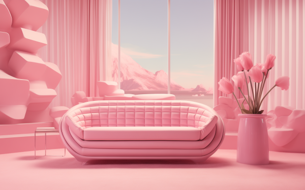 HD desktop wallpaper featuring a pink aesthetic interior design with a stylish pink sofa, curtains, and tulips, set against a backdrop of majestic pink mountains.