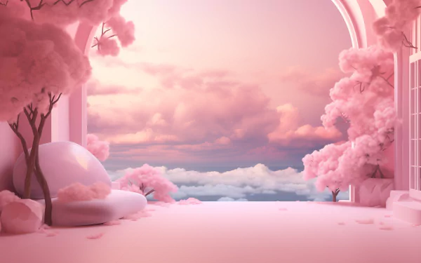 A dreamy pink aesthetic scene featuring fluffy clouds and pastel trees, creating a serene atmosphere, designed as an HD desktop wallpaper and background.