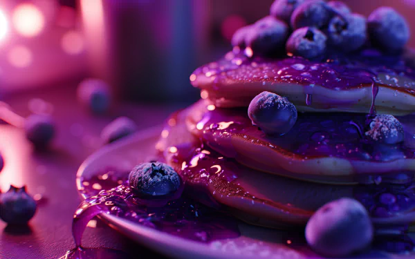 A close-up of fluffy blueberry pancakes drizzled with syrup and topped with fresh blueberries, creating a vibrant and mouthwatering desktop wallpaper.