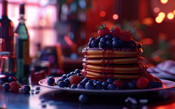 A sumptuous stack of blueberry pancakes, topped with fresh blueberries and raspberries, set against a vibrant, warm backdrop—this HD desktop wallpaper brings a delicious touch to your screen.