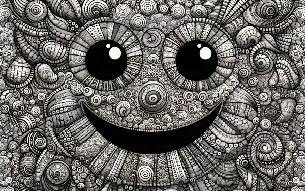 HD desktop wallpaper featuring a stylized black and white doodle art with a happy smiling face design, perfect for a cheerful background.