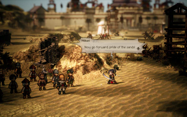 HD desktop wallpaper featuring a scene from Octopath Traveler II video game with characters and dialogue.