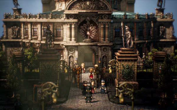 HD desktop wallpaper featuring a scene from Octopath Traveler II video game with characters in front of an ornate building.