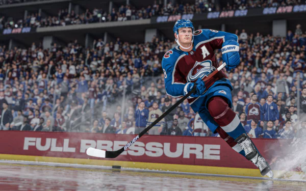 HD desktop wallpaper of NHL 24 video game featuring a hockey player in action on the ice with a crowd in the background and FULL PRESSURE text visible on the rink boards.