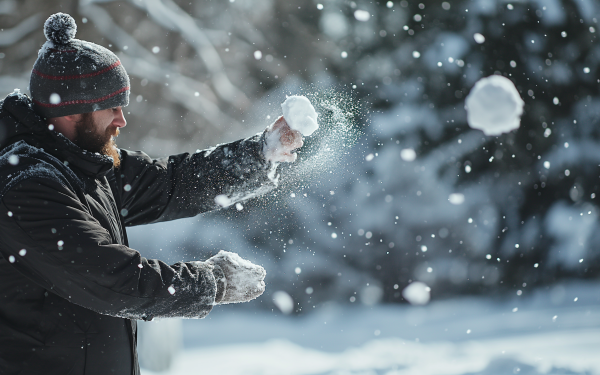 Person throwing a snowball in a winter wonderland, perfect HD wallpaper for a snowy desktop background.