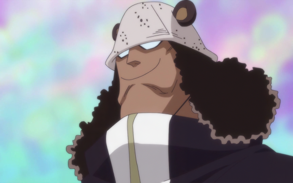 Anime character Bartholomew Kuma from One Piece against a colorful background for HD desktop wallpaper.