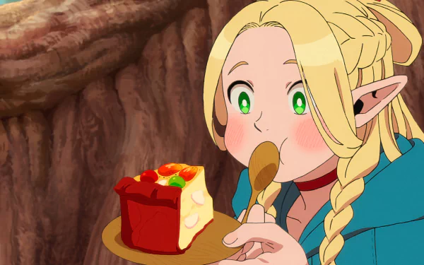 A vibrant HD anime wallpaper featuring Marcille Donato from Delicious in Dungeon, joyfully taking a bite of a colorful dessert with a spoon.