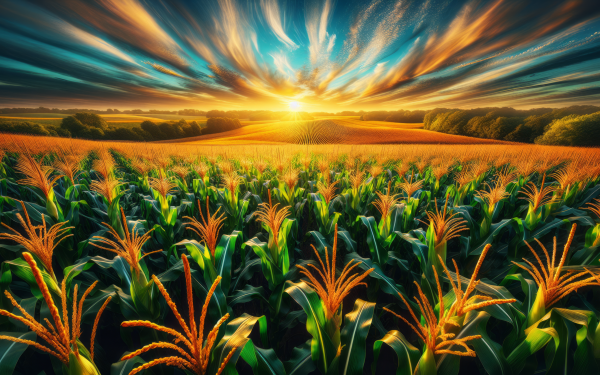 Vibrant HD wallpaper featuring a sunrise over a lush cornfield with radiant skies and dynamic clouds.