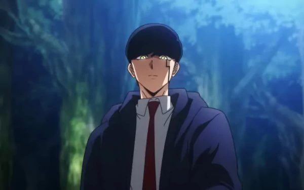HD anime wallpaper featuring Mash Burnedead from Mashle: Magic and Muscles, standing confidently with a forest backdrop.