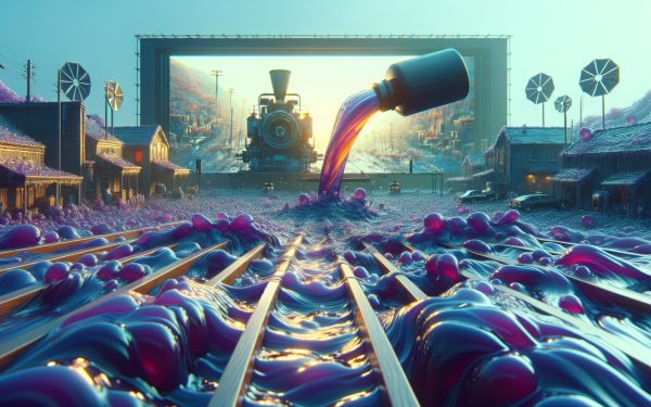 HD desktop wallpaper featuring an artistic depiction of syrup flowing from a large bottle onto train tracks with a vintage locomotive in the background, ideal for a creative background or wallpaper.