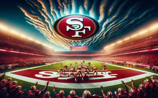 San Francisco 49ers HD desktop wallpaper featuring team logo above the stadium with dramatic lighting and enthusiastic fans in the stands.