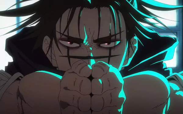 Choso from Jujutsu Kaisen is featured in this striking HD desktop wallpaper, showcasing his intense expression and dynamic pose with vibrant highlights.