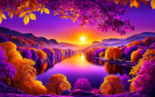 Vibrant fall scenery HD desktop wallpaper featuring a sunset over a river with colorful autumn trees.