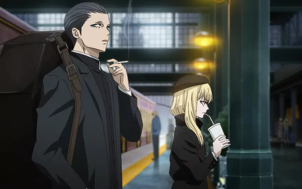 Anime characters from The Witch and the Beast standing in a train station, HD desktop wallpaper.