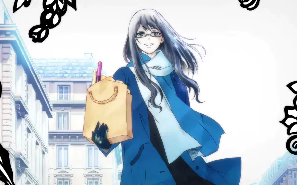 HD anime wallpaper featuring a stylish character from 'The Witch and the Beast' with a shopping bag, set against a European cityscape background.