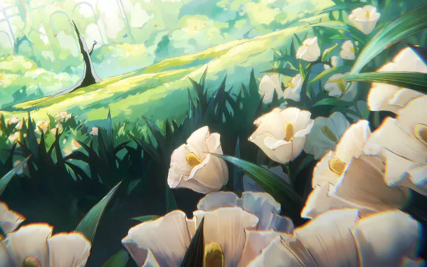 A vibrant 4K Ultra HD anime wallpaper featuring white flowers in a sunlit forest clearing from One Piece, highlighting Imu Sama's serene environment.