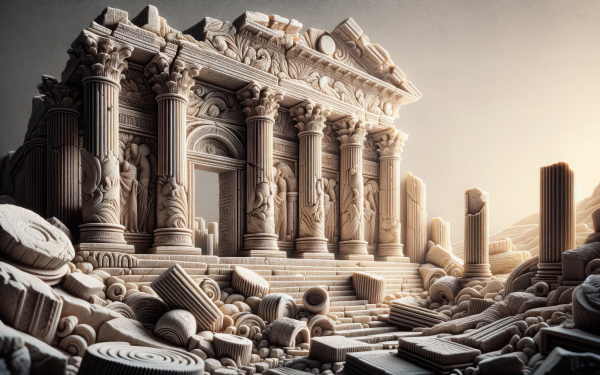 HD desktop wallpaper of ancient ruins with intricately carved pillars and scattered architectural fragments.
