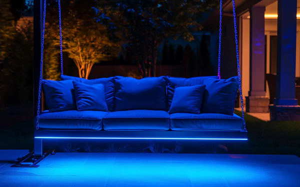 A stylish patio swing illuminated by vibrant blue lights, set against a serene outdoor backdrop, showcasing a cozy and inviting atmosphere for relaxation. HD desktop wallpaper and background.