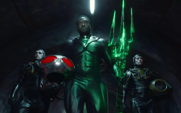 HD wallpaper featuring characters from Aquaman and The Lost Kingdom movie, highlighting Black Manta with a glowing trident.