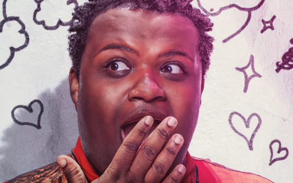 A vibrant HD desktop wallpaper from the 2024 movie Mean Girls, featuring a surprised character against a playful background of doodles and hearts.