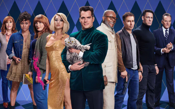 HD desktop wallpaper featuring the ensemble cast of the movie Argylle against a geometric patterned background.