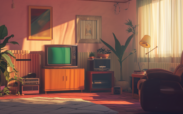 Cozy lofi-style living room with retro TV and furniture, sunlit and warm, perfect for an HD desktop wallpaper and background.