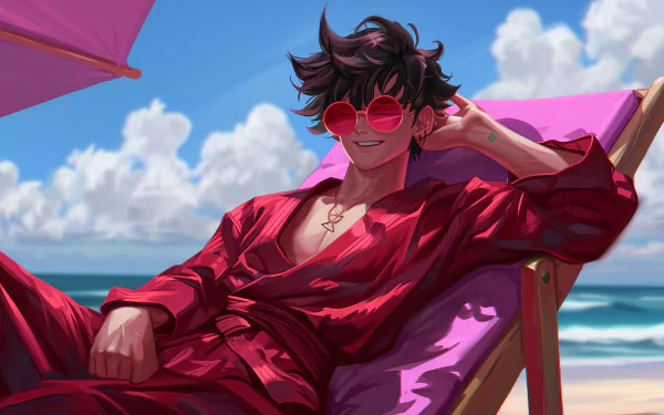HD Anime Wallpaper of a relaxed anime boy lounging on a beach chair with stylish red sunglasses set against a vibrant beach backdrop.