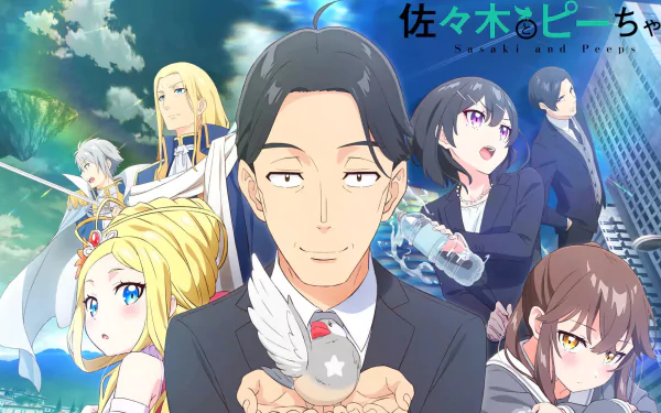 Anime characters from Sasaki and Miyano featured in a vibrant HD desktop wallpaper with dynamic backgrounds.