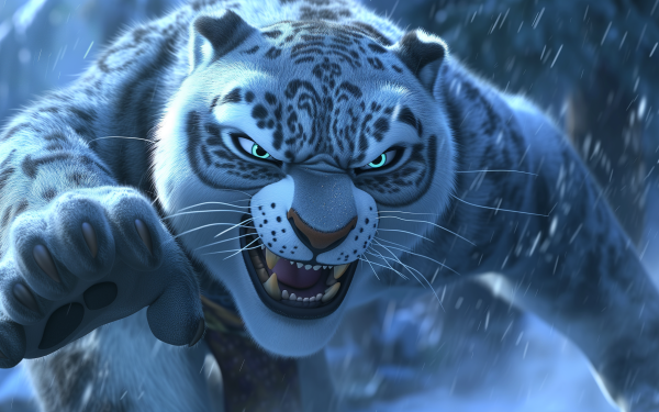 HD wallpaper of a fierce animated tiger character in a snowy setting, possibly from Kung Fu Panda 4.