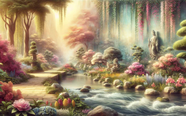 HD desktop wallpaper featuring a tranquil therapeutic garden with a stream, lush foliage, and a calming statue.